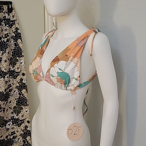 P2F POWER TO THE FLOWER Retro Floral Tropical Mod String Halter Bikini Top - Picture 2 of 13